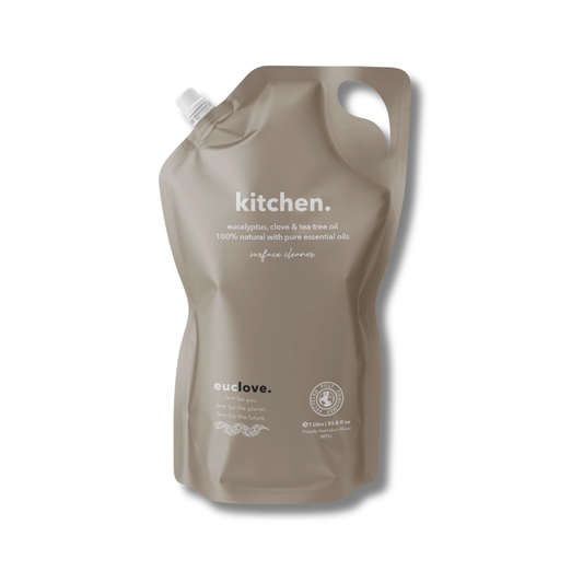Brown pouch labeled 'kitchen.' with 'euclove' branding on a white background