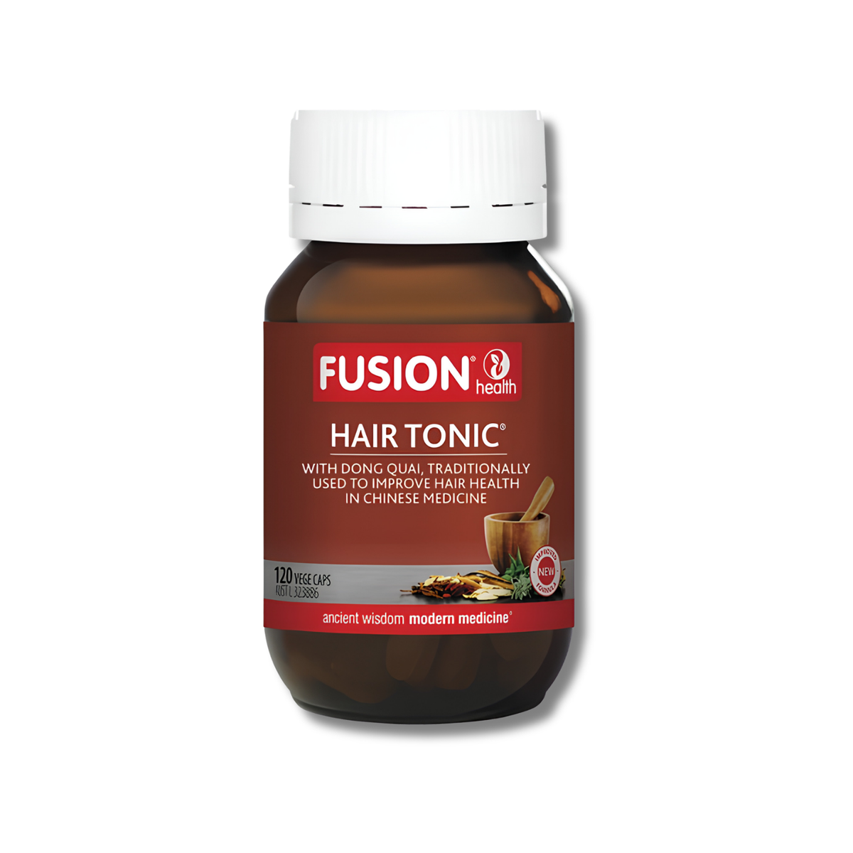 A bottle of Fusion Health Hair Tonic capsules on a plain white background. The bottle is dark amber brown with a white ribbed cap and a dark red label featuring the brand name 'FUSION health' in white.