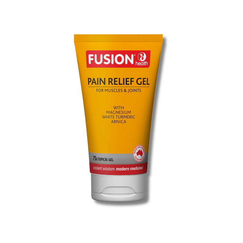 Fusion Health pain relief gel tube on a white background