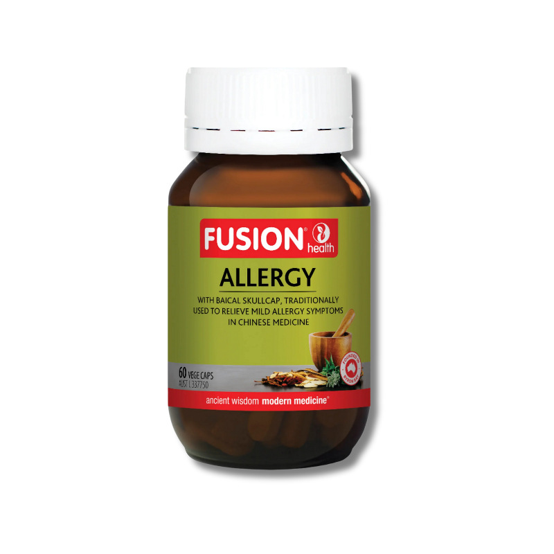 Fusion Allergy supplement bottle on a white background