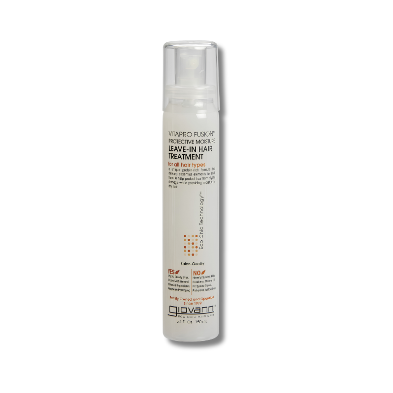 A white cylindrical bottle of Giovanni Vitarcio Fusion Leave-In Hair Treatment with a clear cap, shown on a plain white background.