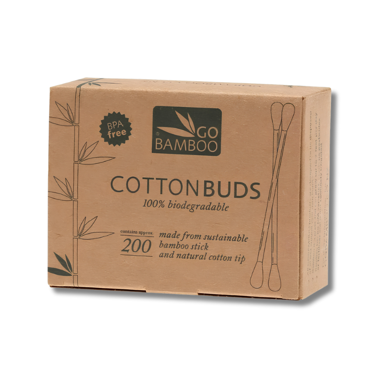 A brown cardboard box of Go Bamboo Cottonbuds, 200 count, featuring black text and bamboo illustrations on a white background.