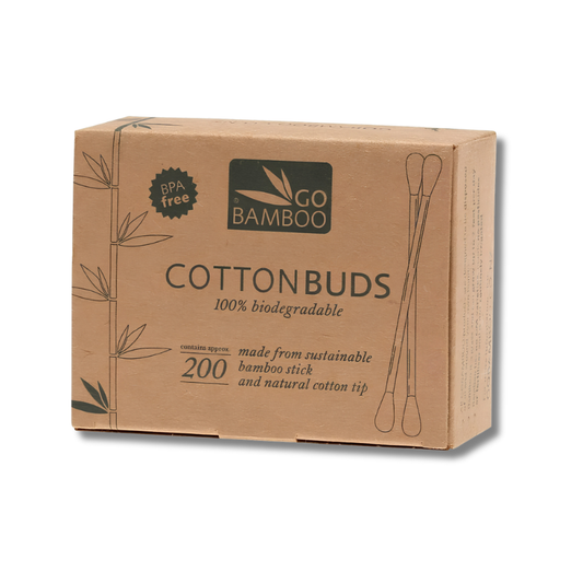 A brown cardboard box of Go Bamboo Cottonbuds, 200 count, featuring black text and bamboo illustrations on a white background.