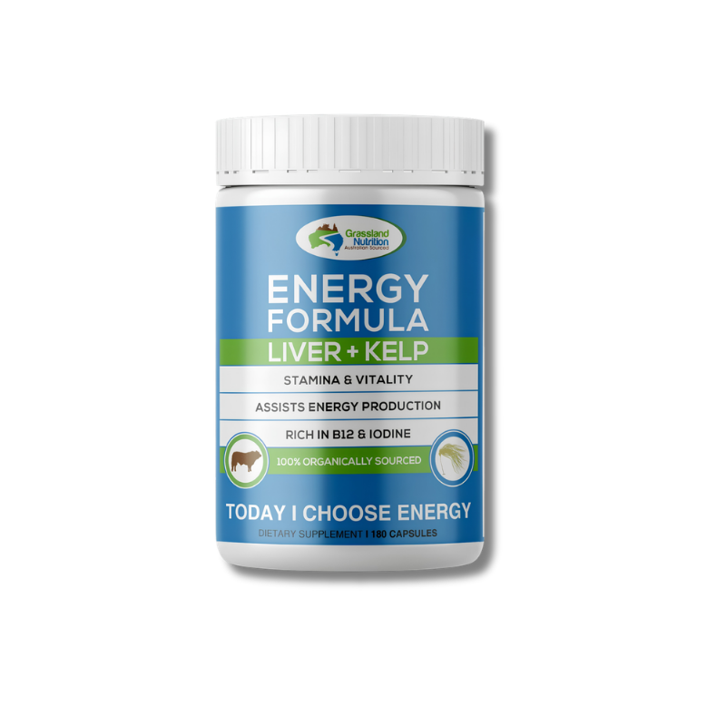 A white plastic bottle of Grassland Nutrition Energy Formula Liver + Kelp dietary supplement, featuring a blue and green label, on a white background.