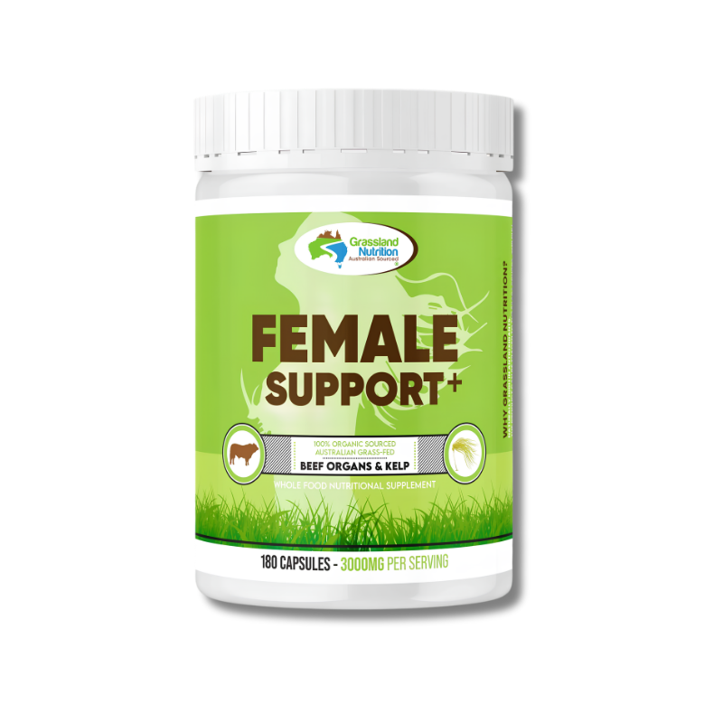 A white plastic bottle of Grasslands Nutrition Female Support+ supplement with a bright green label, shown on a white background with a soft shadow.