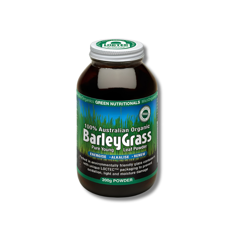 A bottle of 100% Australian Organic Barley Grass leaf powder by Green Nutritionals, containing 200g of powder, shown on a clean white background.