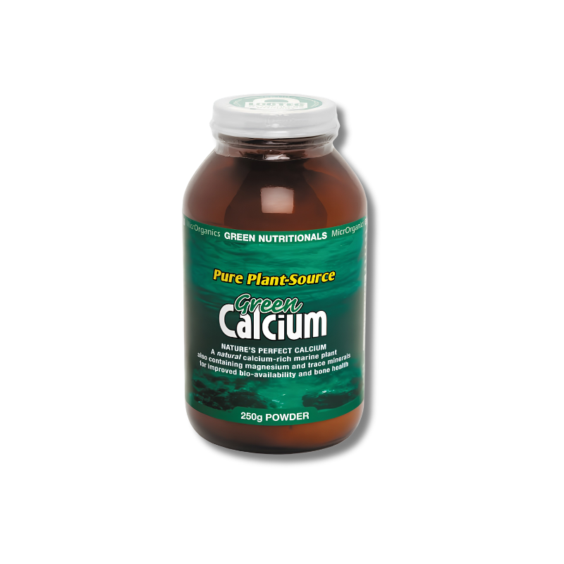 A bottle of Green Calcium dietary supplement powder by Green Nutritionals, featuring a dark amber brown bottle and a green label with white and yellow text, set against a plain white background.