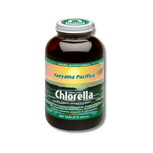 A bottle of Chlorella by Green Nutritional's Yaeyama Pacifica, containing 500 tablets, shown on a plain white background.