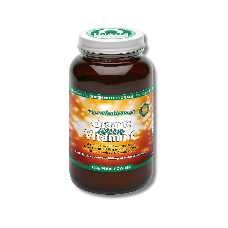 A bottle of Pure PlantSource Organic Green Vitamin C powder, 100g, in an amber brown bottle with a white cap and a green and orange label.