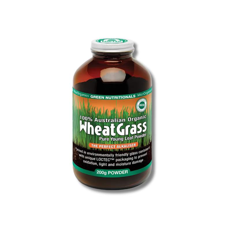A bottle of Green Nutritionals Wheat Grass Pure Young Leaf Powder, 200g, in an amber glass bottle with a green and white label and white cap, on a white background.