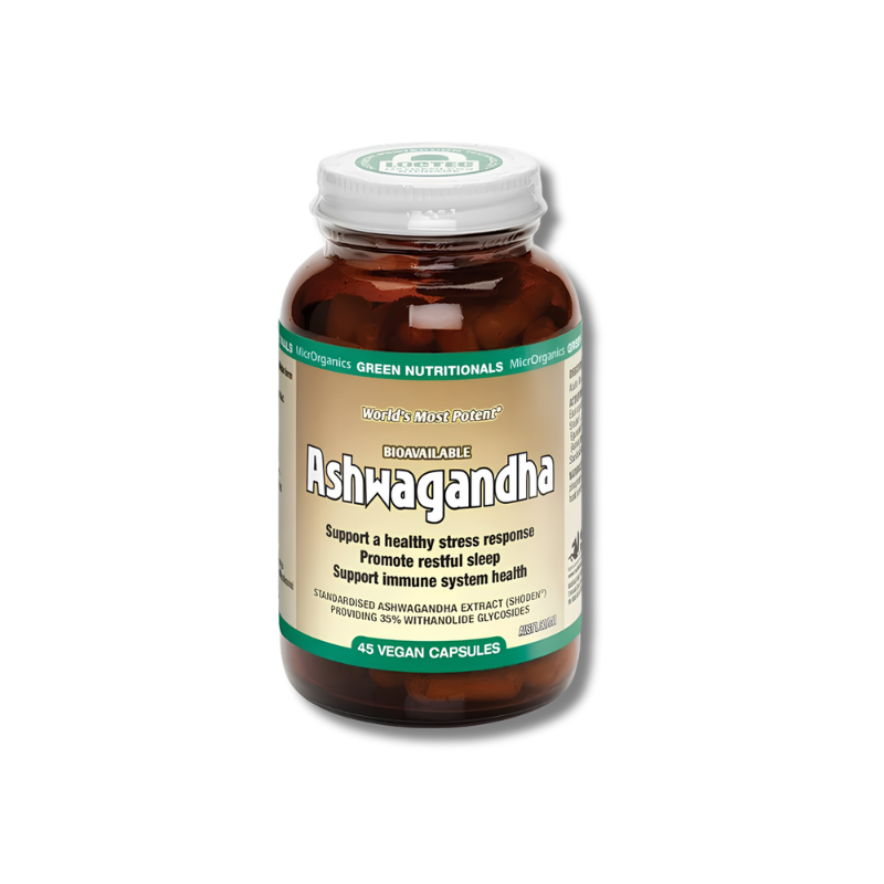 A bottle of green nutritionals Ashwagandha supplement with an amber brown bottle, beige label, and white cap, shown on a plain white background.