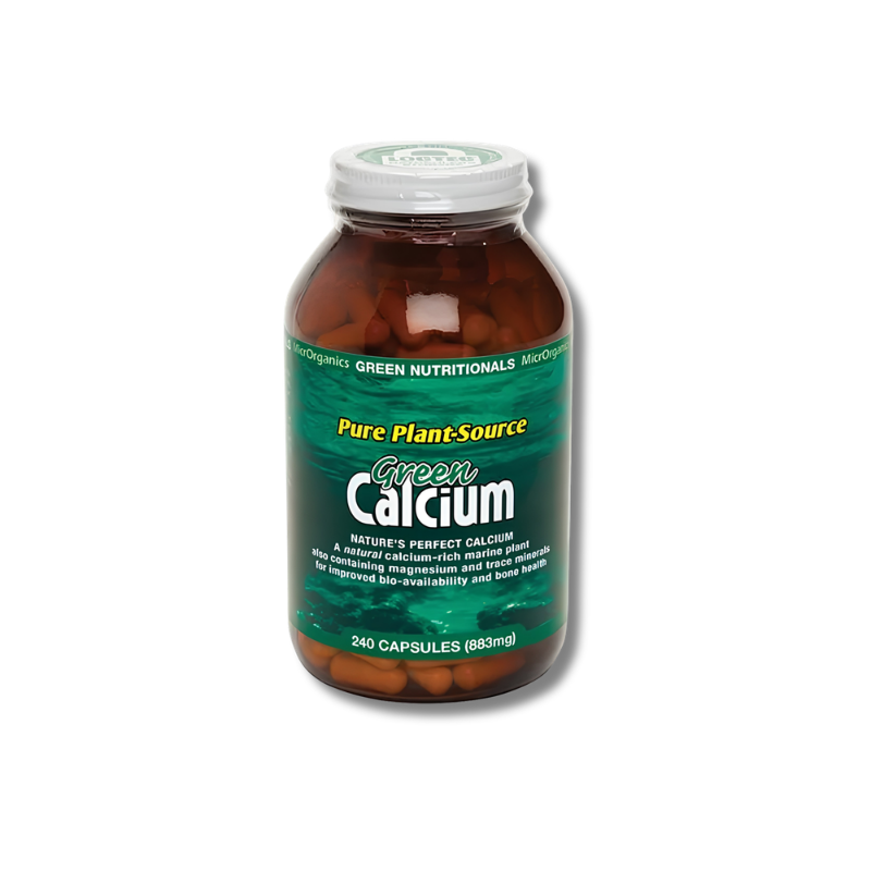 A bottle of Green Calcium dietary supplement capsules on a plain white background. The amber glass bottle has a green label with yellow and white text, and a white cap.