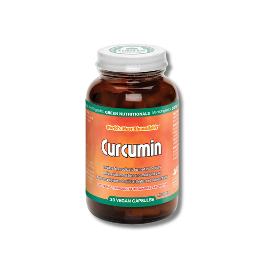A bottle of Curcumin dietary supplement capsules by Green Nutritionals, featuring an amber glass bottle with a white cap and a bright orange label with green accents.
