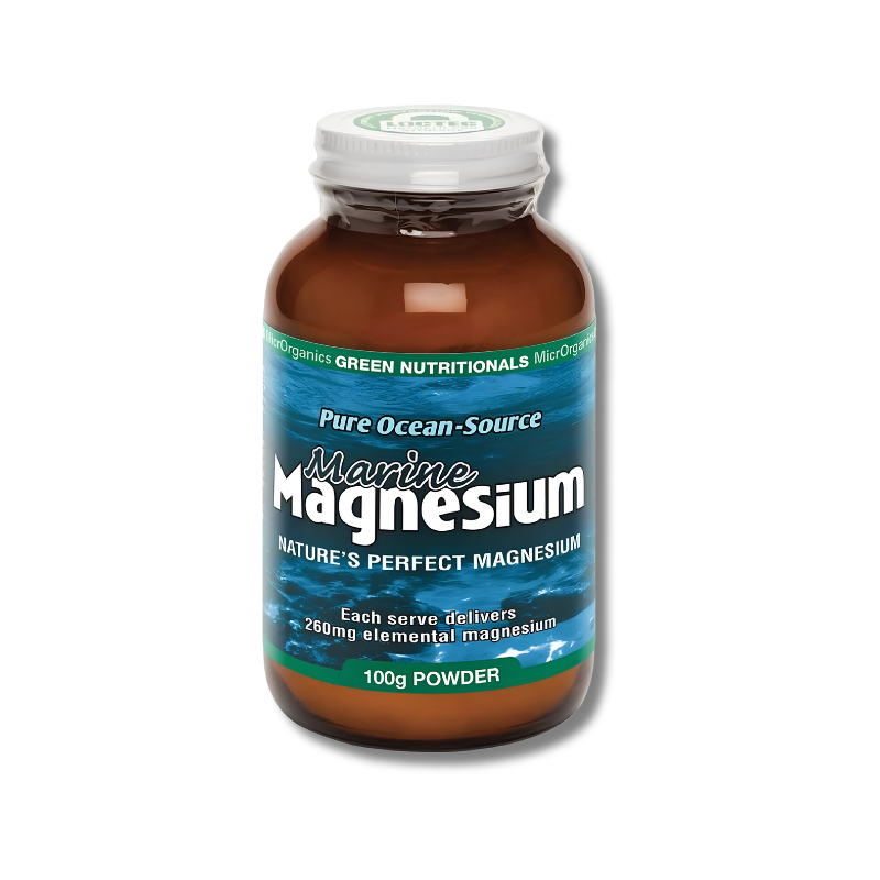 A bottle of Marine Magnesium powder by Green Nutritionals. The product is in an amber brown bottle with a white cap, featuring a blue and green label with white text.