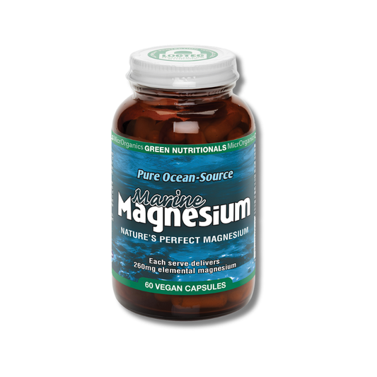 A bottle of Marine Magnesium supplement by Pure Ocean-Source, featuring an amber brown bottle, a blue and green label, and a white cap, set against a plain white background.