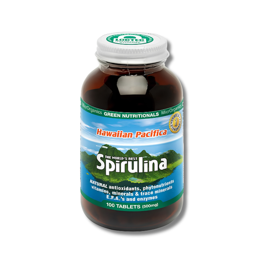 A bottle of Spirulina dietary supplement by Nature's Way, featuring a white cap and a blue and green label with the brand name 'Hawaiian Pacifica' and product name 'Spirulina'.