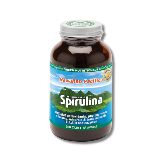 A bottle of Spirulina tablets from The Medicine Bell Hawaiian Pacifica line, containing 200 tablets (50g). The product is in a dark amber brown bottle with a white cap, featuring a blue and green label with a mountain graphic.