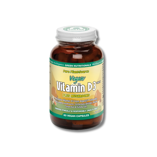 A bottle of Pure PlantSource Vegan Vitamin D3 Plus Mushrooms dietary supplement, 60 vegan capsules, in an amber glass bottle with a white cap, on a white background.