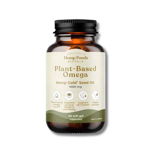 An amber glass bottle of Hemp Foods Australia Plant-Based Omega Hemp Gold Seed Oil 1000 mg, containing 60 soft gel capsules, on a white background.