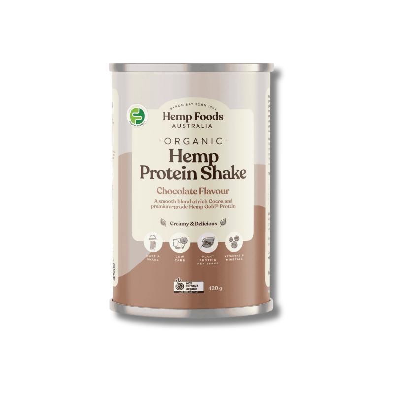 A 200g can of Hemp Foods Australia Organic Hemp Protein Shake in Chocolate Flavour, shown on a clean white background.