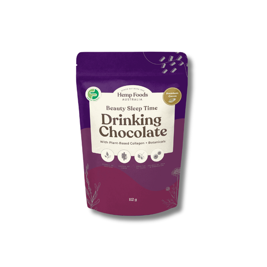 A purple stand-up pouch of Hemp Foods Australia Beauty Sleep Time Drinking Chocolate, 122g, on a white background.