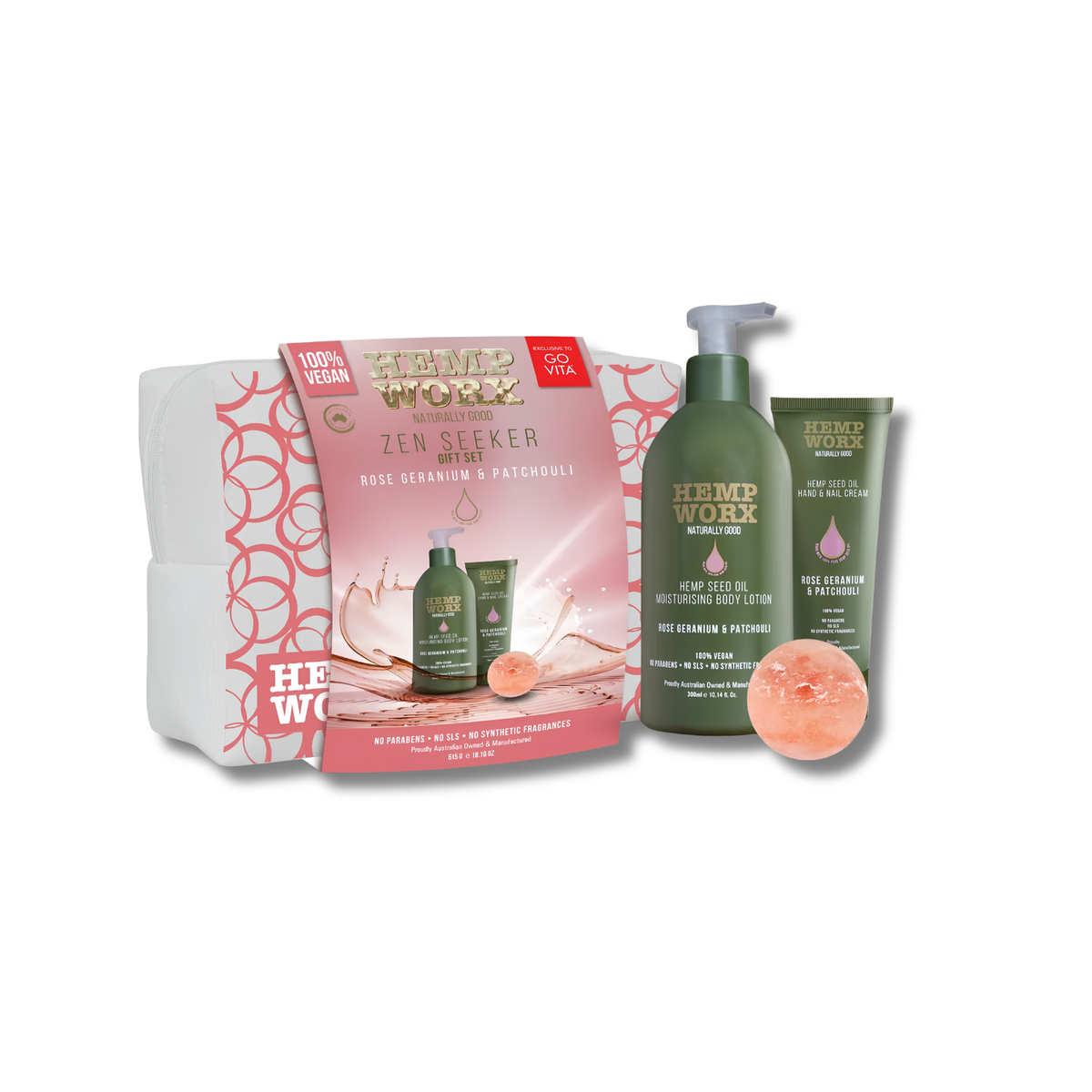 Hemp Worf Zen Seeker gift set featuring a 3-pack of rose scented bath towels, a pump bottle of neem body wash, a tube of pure aloe vera body lotion, and a pink Himalayan salt crystal, all arranged on a white background.