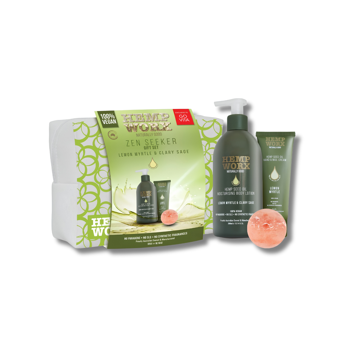 A HEMP WORK Zen Skincare gift set featuring a lemon whitish glow body wash bottle, a body cream tube, a packaged body wash bottle, and a pink bath bomb, arranged in front of a white background.