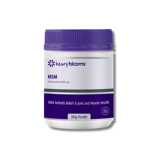 Jar of Henry Blooms MSM powder with purple lid on a white background