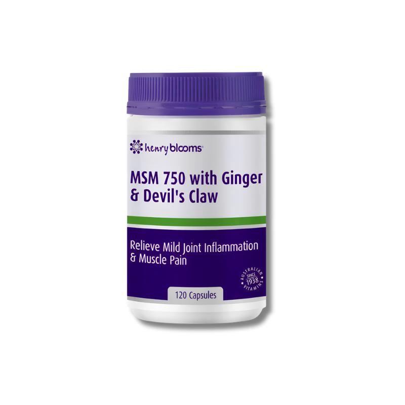 Bottle of Henry Blooms MSM 750 with Ginger & Devil's Claw supplement on a white background