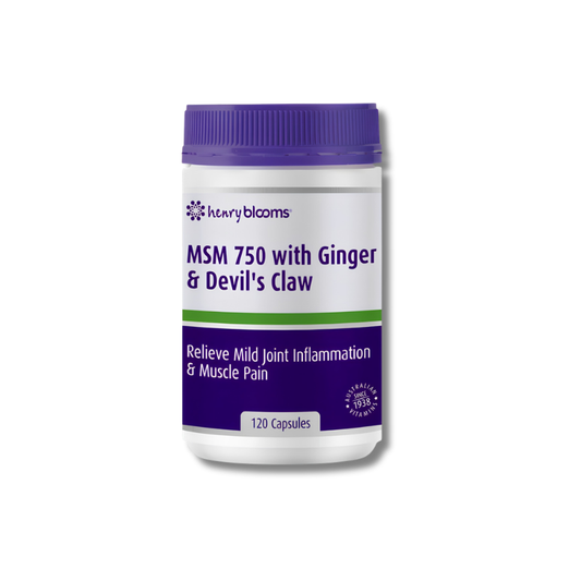 Bottle of Henry Blooms MSM 750 with Ginger & Devil's Claw supplement on a white background