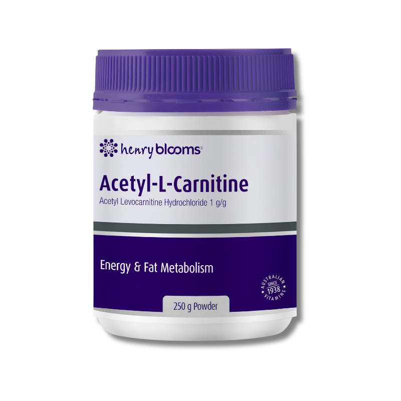 Bottle of Acetyl-L-Carnitine powder by Henry Blooms on a white background