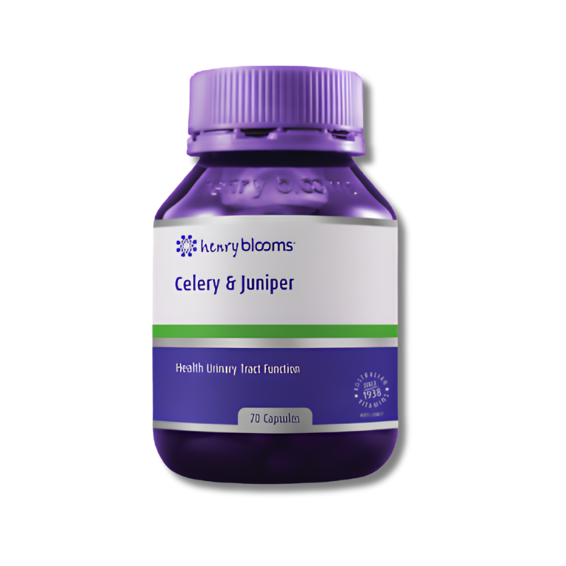 Purple bottle of 'Celery & Juniper' capsules by Henry Blooms on a white background