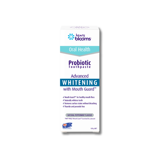 Box of Henry Blooms Probiotic Toothpaste Advanced Whitening with Mouth Guard on a white background