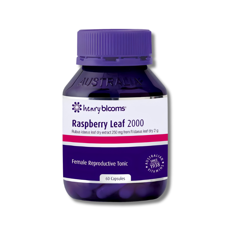 Bottle of Henry Blooms Raspberry Leaf 2000 capsules on a white background