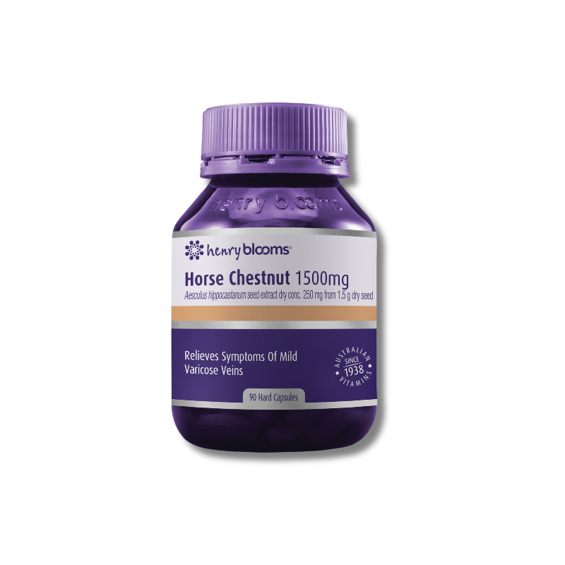 Purple bottle of Henry Blooms Horse Chestnut 1500mg capsules on a white background