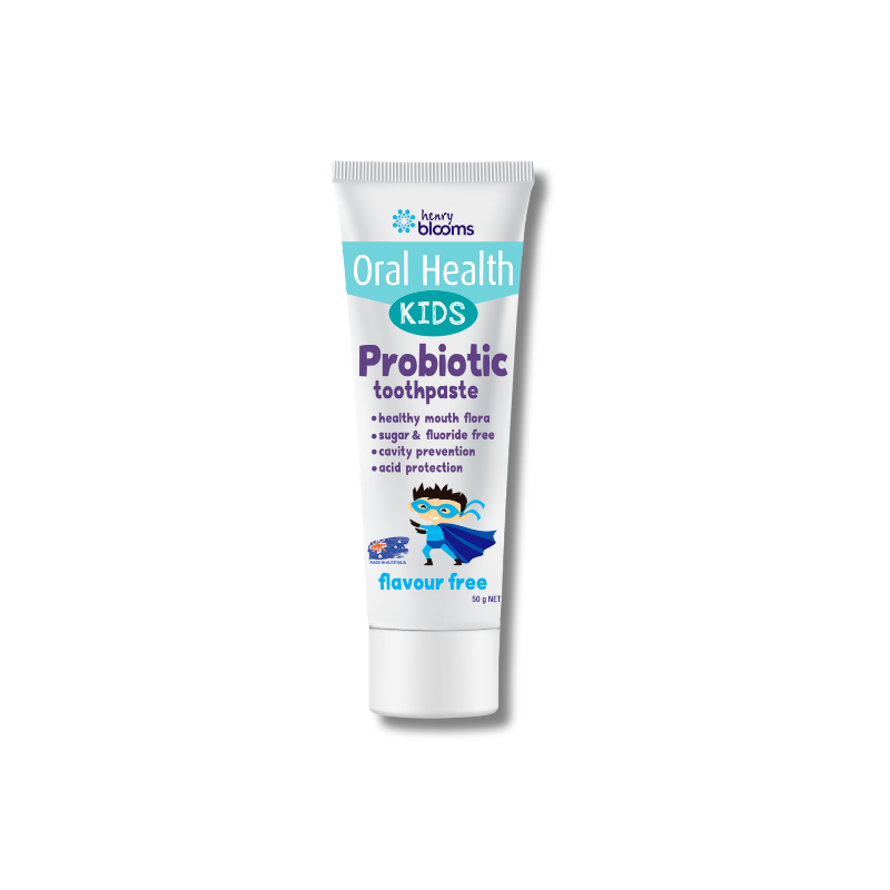 Tube of kids' probiotic toothpaste on a white background