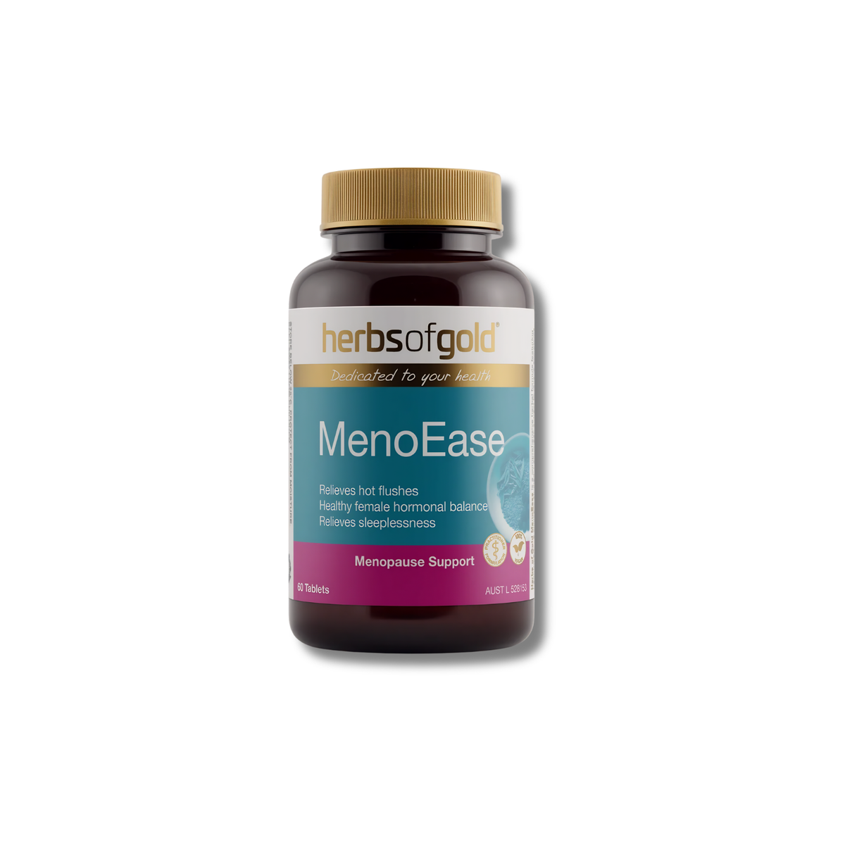 A bottle of herbs of gold MenoEase dietary supplement, featuring a dark amber brown bottle, a gold cap, and a label with teal, white, and magenta sections, set against a plain white background.