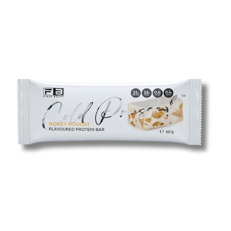 A single wrapped protein bar on a plain white background. The packaging is white with black and gold text, showing the brand 'FB Fine Blend' and the flavor 'Honey Mousse'.