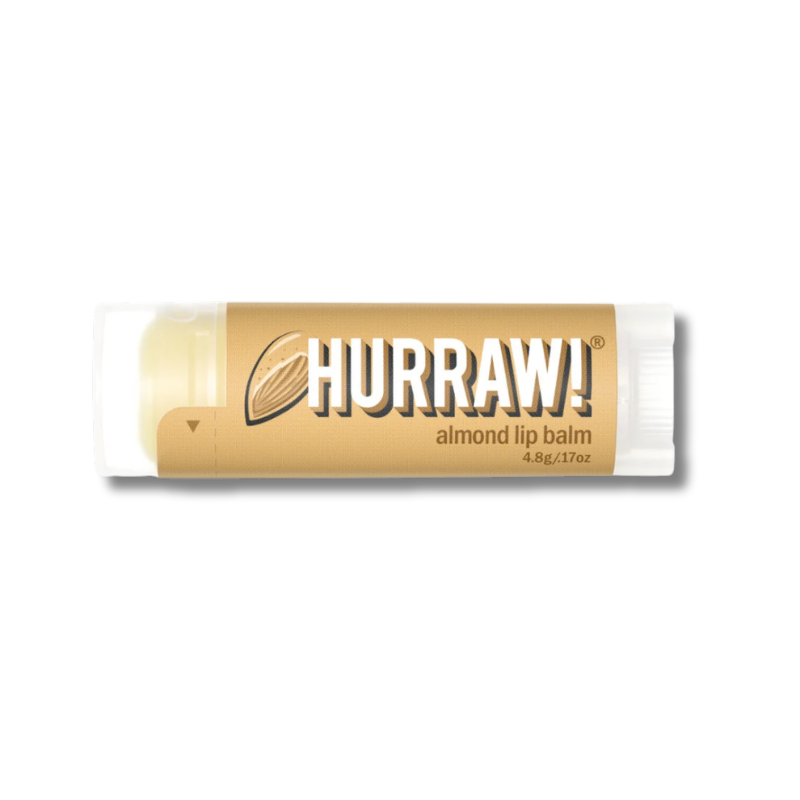 A tube of Hurraw! Almond Lip Balm on a plain white background. The tube has a tan label with the brand name 'HURRAW!' in bold white letters and a small almond illustration.