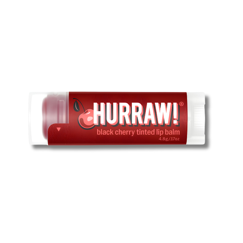 A tube of Hurraw! Black Cherry Tinted Lip Balm on a clean white background. The packaging features a bold red label with white text and a cherry graphic.