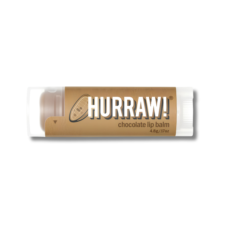 A tube of Hurraw! Chocolate Lip Balm with a brown label and white cap, shown on a plain white background.