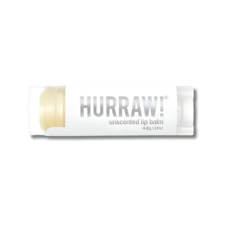 A tube of Hurraw! unscented lip balm with a white label and a visible pale yellow balm stick, shown on a plain white background.