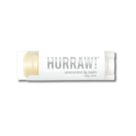 A tube of Hurraw! unscented lip balm with a white label and a visible pale yellow balm stick, shown on a plain white background.