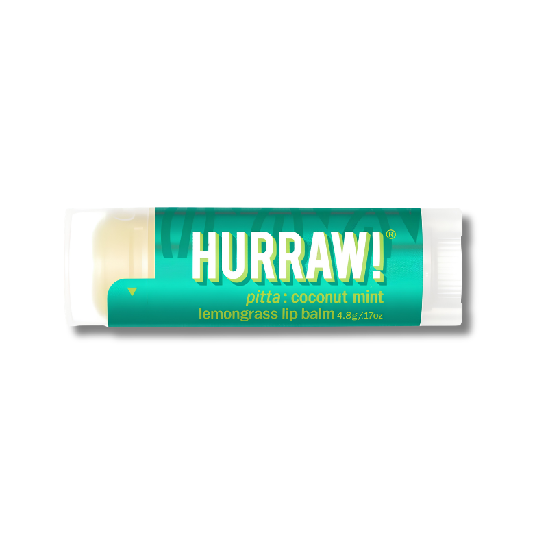 A tube of Hurraw! Pitta: Coconut Mint lemongrass lip balm, featuring a bright teal label with bold white and yellow lettering, set against a plain white background.