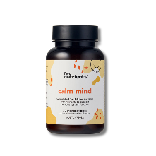 Supplement bottle labeled 'i'm nutrients calm mind' on a white background