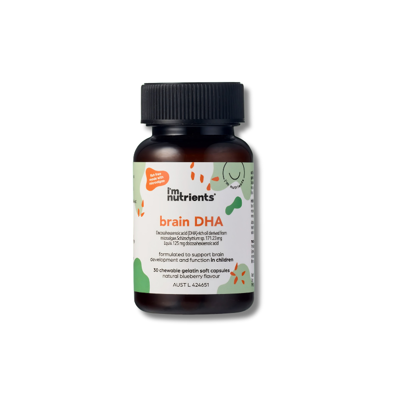 Bottle of 'I'm Nutrients brain DHA' on a white background
