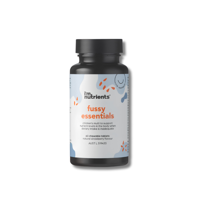 Supplement bottle labeled 'fussy essentials' by 'i'm nutrients' on a white background