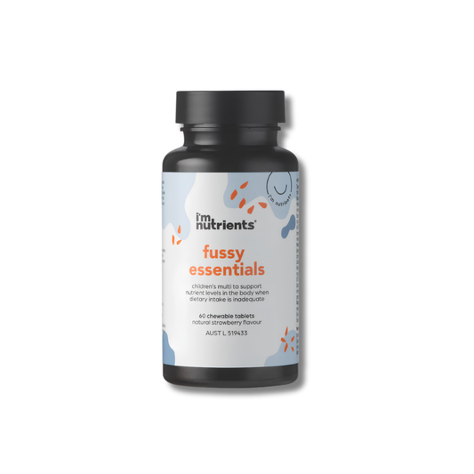 Supplement bottle labeled 'fussy essentials' by 'i'm nutrients' on a white background