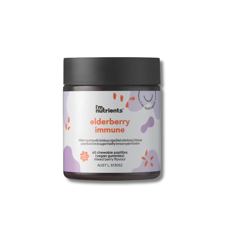 Jar of 'I'm Nutrients' elderberry immune supplement on a white background