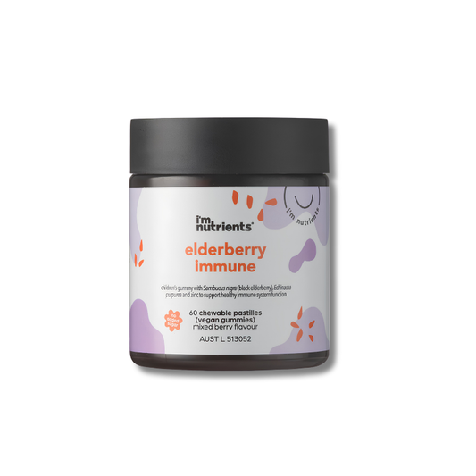 Jar of 'I'm Nutrients' elderberry immune supplement on a white background